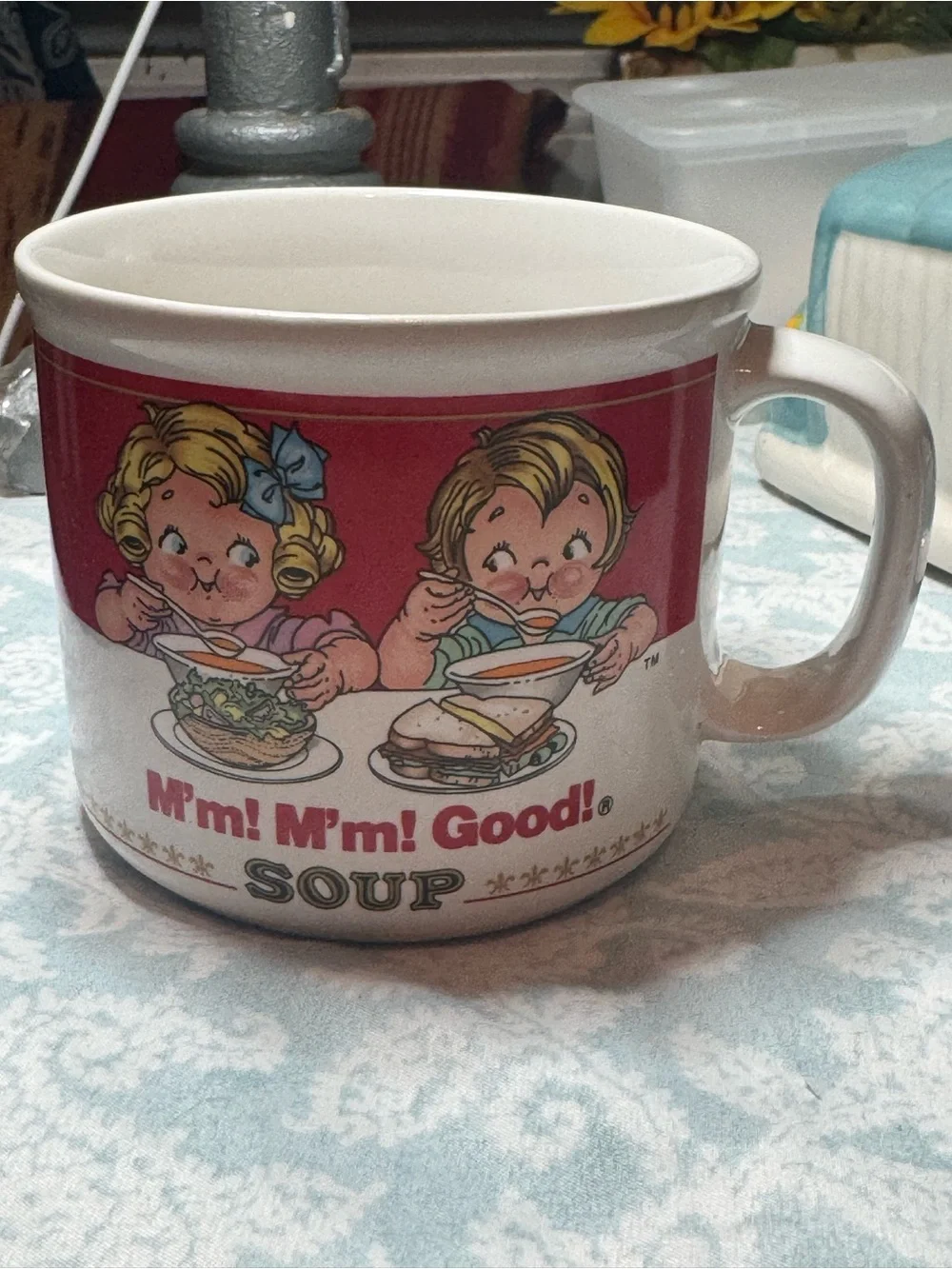 Red & White Soup Mug with Vintage Illustration